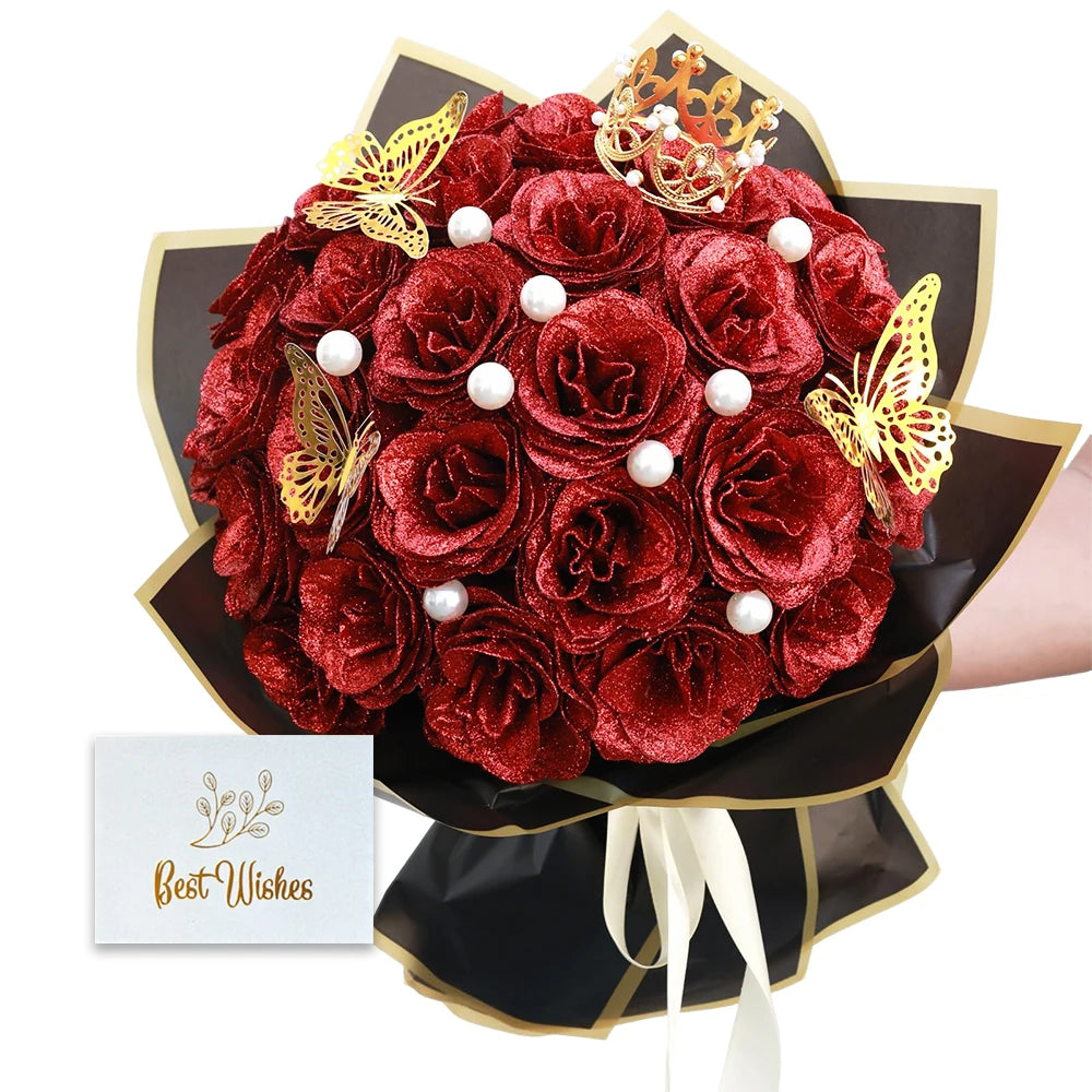 12/24pcs Red Glitter Roses Bouquet DIY Gift Set Everlasting Shiny Artificial Rose for Valentines Anniversary Engagement Wedding