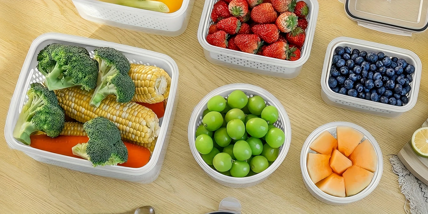 9Pcs/set Fruit Storage Containers for Fridge, Fridge with Removable Colander, All-In-One Fruit Washing Bowl with Strainer