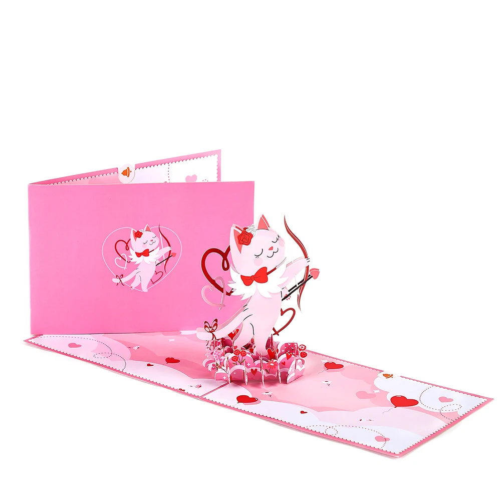 Valentines Day Greeting Card Romantic Cupid Cat Balloon Pop Up 3D Greetings Card Postcard Love Gifts For Couples Wife Lover