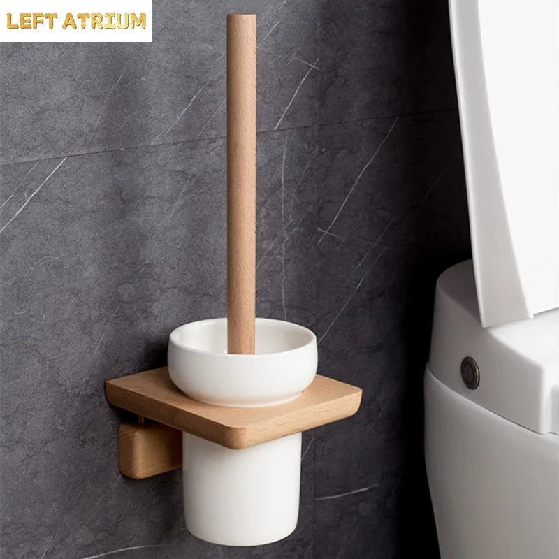 Bathroom Wood Toilet Brushes Ceramic Base Toilet Brush Holders Wall-mounted Brushes No-punch Wall-mounted Cleaning Brush Set