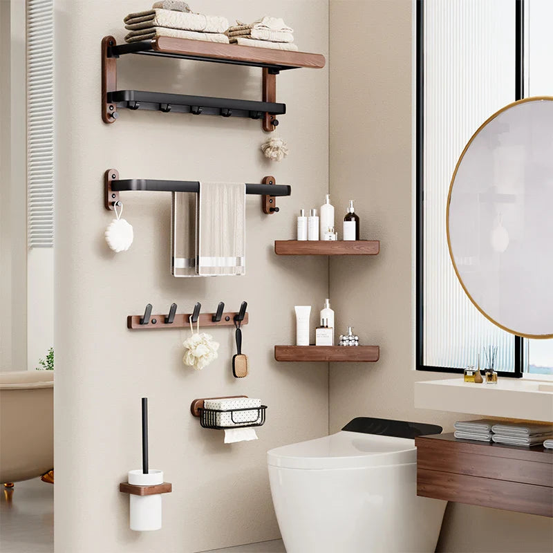 Modern Wooden Bathroom Wall Storage Rack – Shelves, Towel Bar & Hooks Set