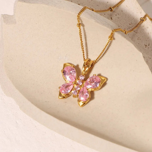 Titanium Steel Necklace Women 18k Gold Plated Stainless Steel Pink Zircon Butterfly Shape Pendant Necklace