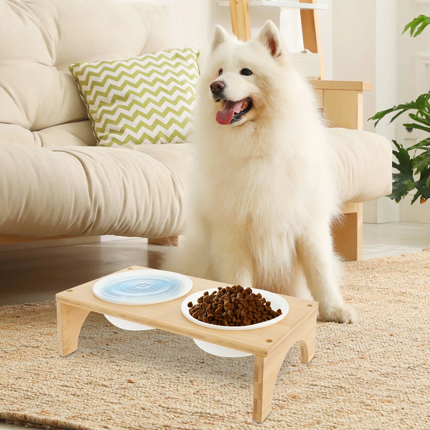 Double Ceramic Pet Bowl with Bamboo Stand – Elevated Food & Water Bowls for Dogs & Cats