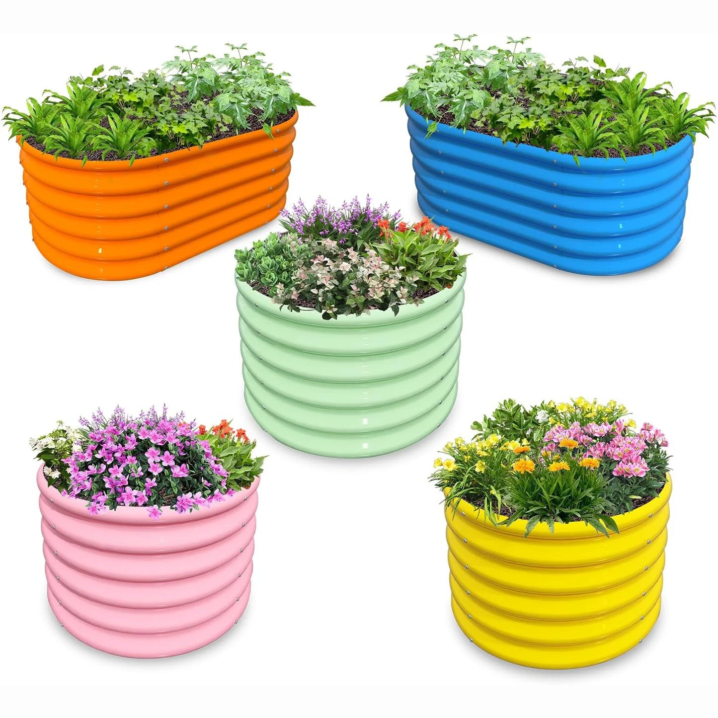5-Pack 18in Tall Kids Raised Garden Beds Outdoor, 40x24in Oval & 24x24in Round Galvanized Metal Planter Box for Vegetable Flower