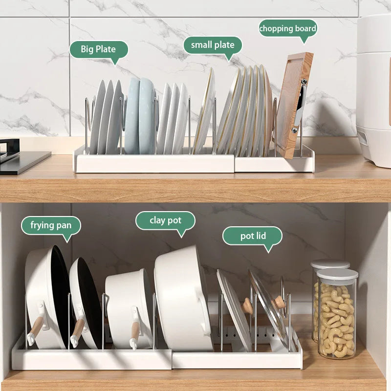 Expandable Kitchen Cabinet Pot Organiser - Adjustable Divider Rack, Multi-Use Storage Solution for Pots, Pans and Lids