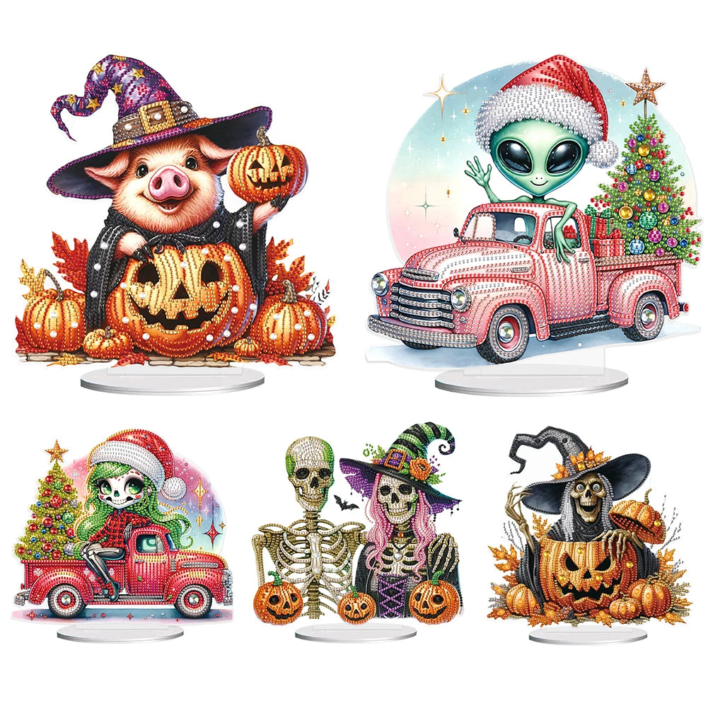 Halloween Special Shape Skull Witch Table Top Diamond Painting Ornament Kits Rhinestones Desktop Ornaments for Home Office Decor