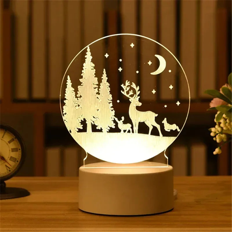 1pc USB Operated Night Light Creative 3D Acrylic Bedroom Bedside LED Table Lamp Ornaments Christmas Holiday Birthday Event Gift