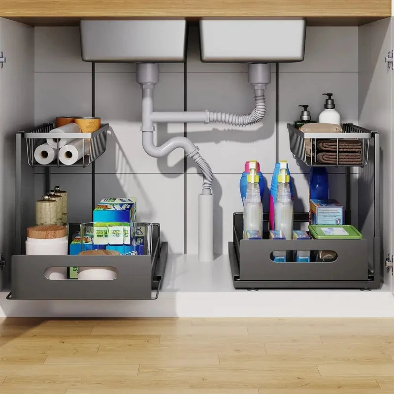 Double-layer Sliding Rail Basket Under-Sink Storage Rack Bathroom & Kitchen Storage