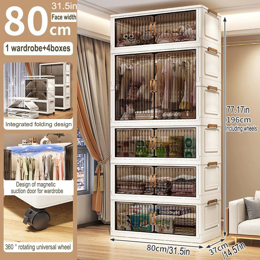 70-80cm Multifunction Folding Storage Cabinet | Dustproof Foldable Wardrobe & Closet Organiser | Heavy-Duty Household Sundries Locker Storage Box