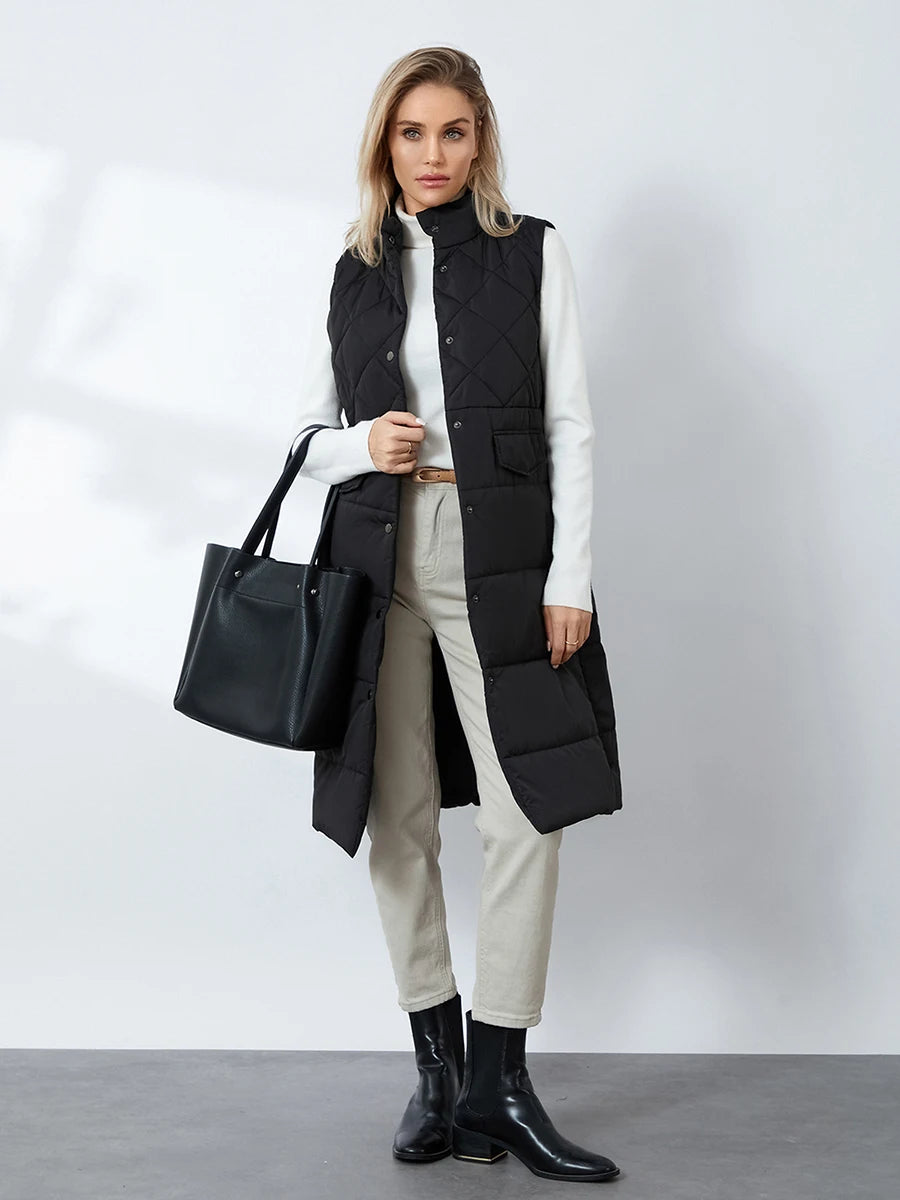 Women Quilted Puffer Vest Solid Color Warm down Jacket Button Cardigan for Winter Outwear Streetwear