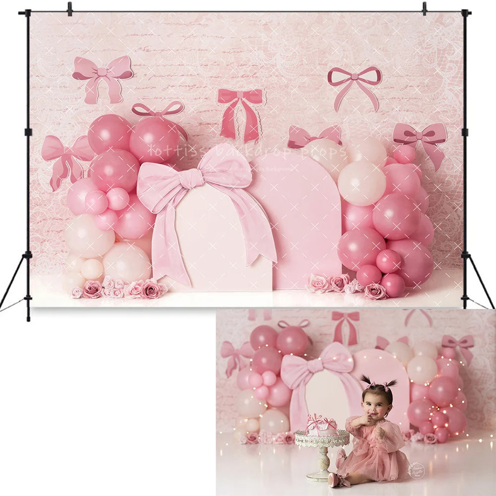 Pink Bowknots Arch Balloons Backdrops Kids Baby Girl 1st Birthday Cake Smash Props Child Photocall Backgrounds