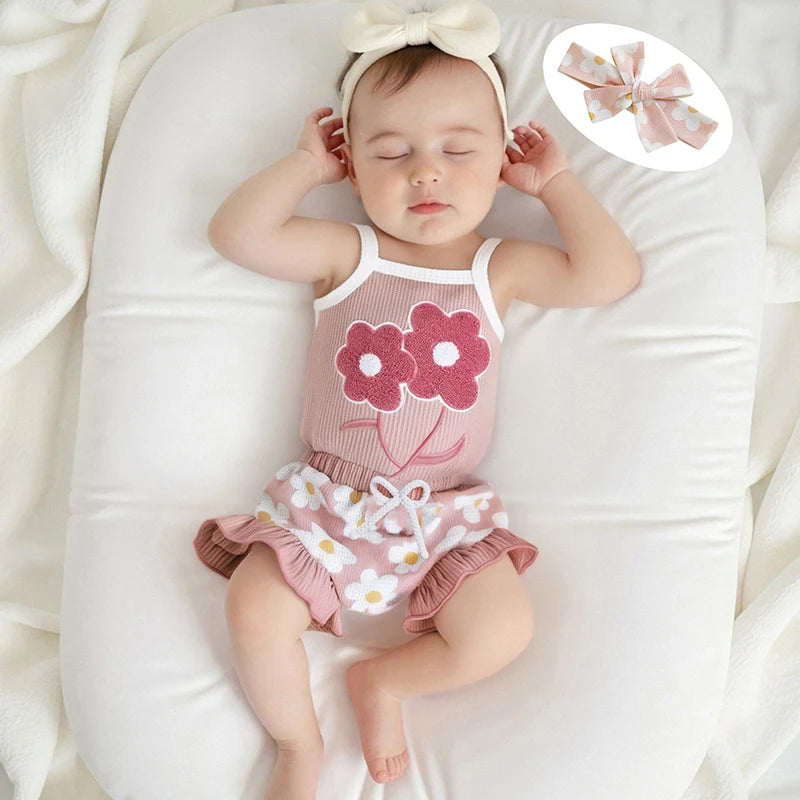 Toddler Girl Summer Outfit Floral Embroidered Sleeveless Bodysuit Elastic Waist Ruffle Shorts Headband 3 Piece Set for Baby Girl