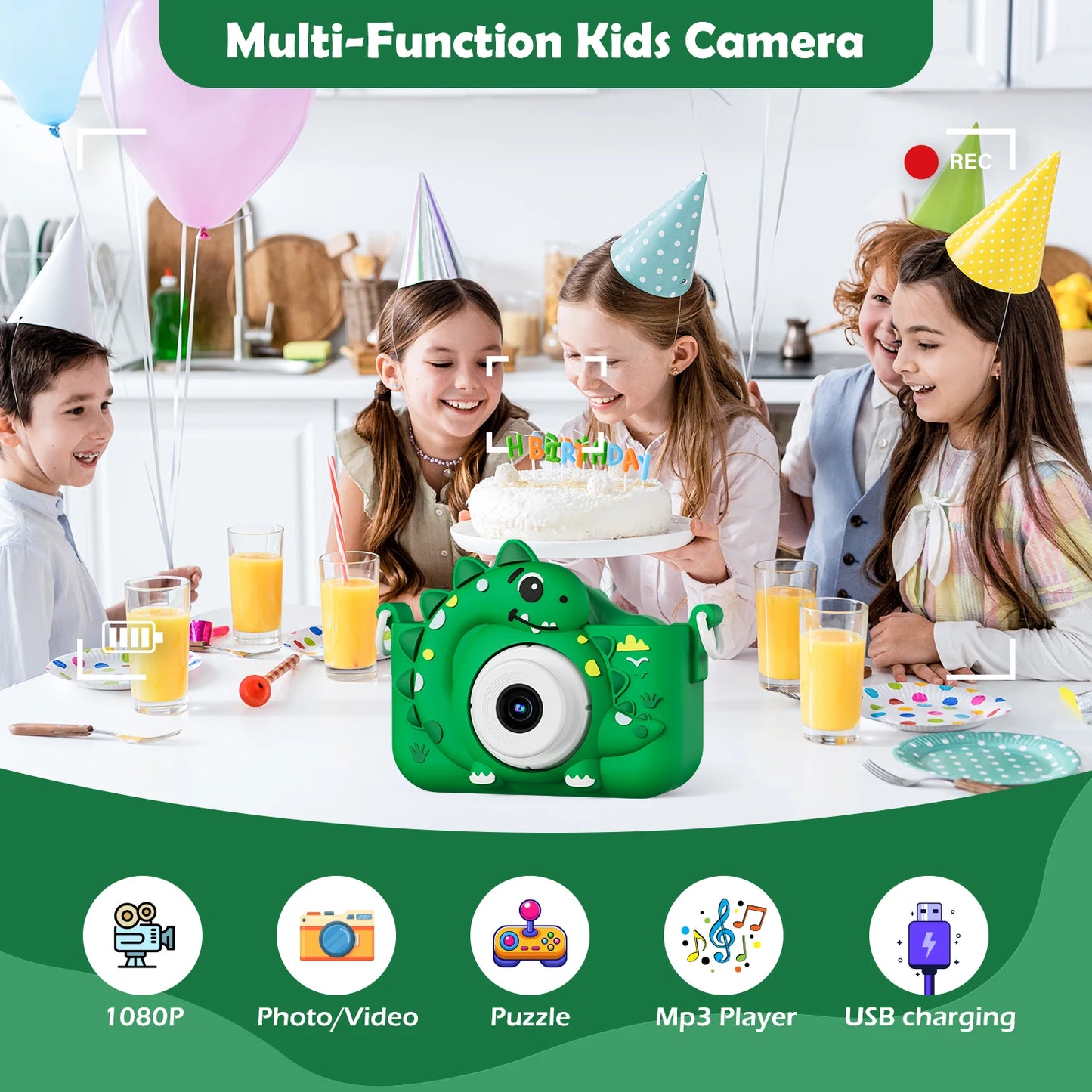 Kids Digital Camera with 32GB Card – 1080p HD Dinosaur Camera for Photography and Video, Gift for Boys and Girls
