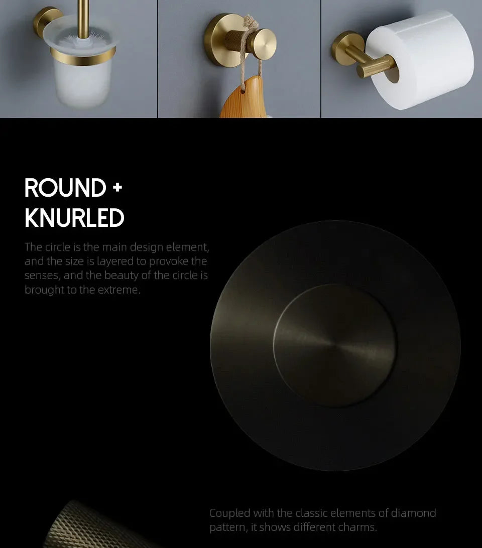 Bathroom Hardware Accessories  Brushed Gold Knurled Brass Kit Towel Bar Ring Robe Hook Paper Holder Towel Ring Toilet Brush