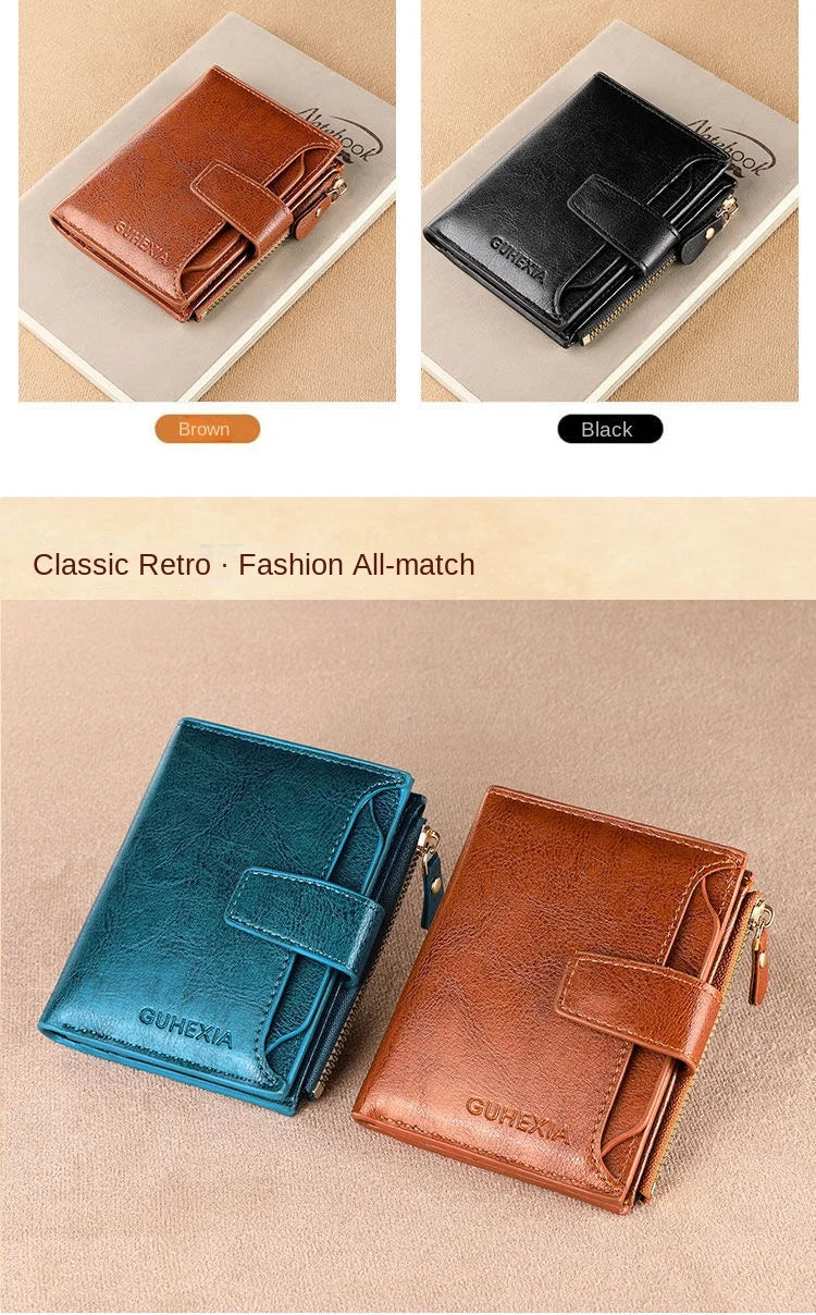 Fashion Vintage RFID Blocking Women Wallet Genuine Leather Fold The Zipper Wallet Credit Card Holder Coin Purse Wallet for Women