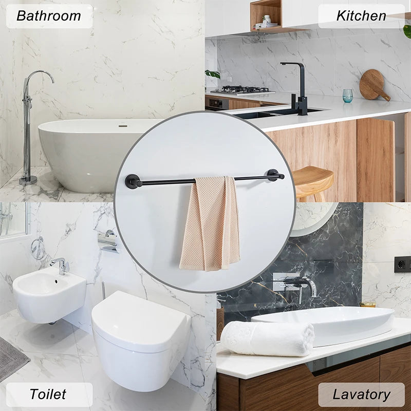 Bathroom Retractable Towel Single Bar Black, Chrome Single Towel Rack Extended Drying Towel Hanging Bar Bathroom Stainless Steel