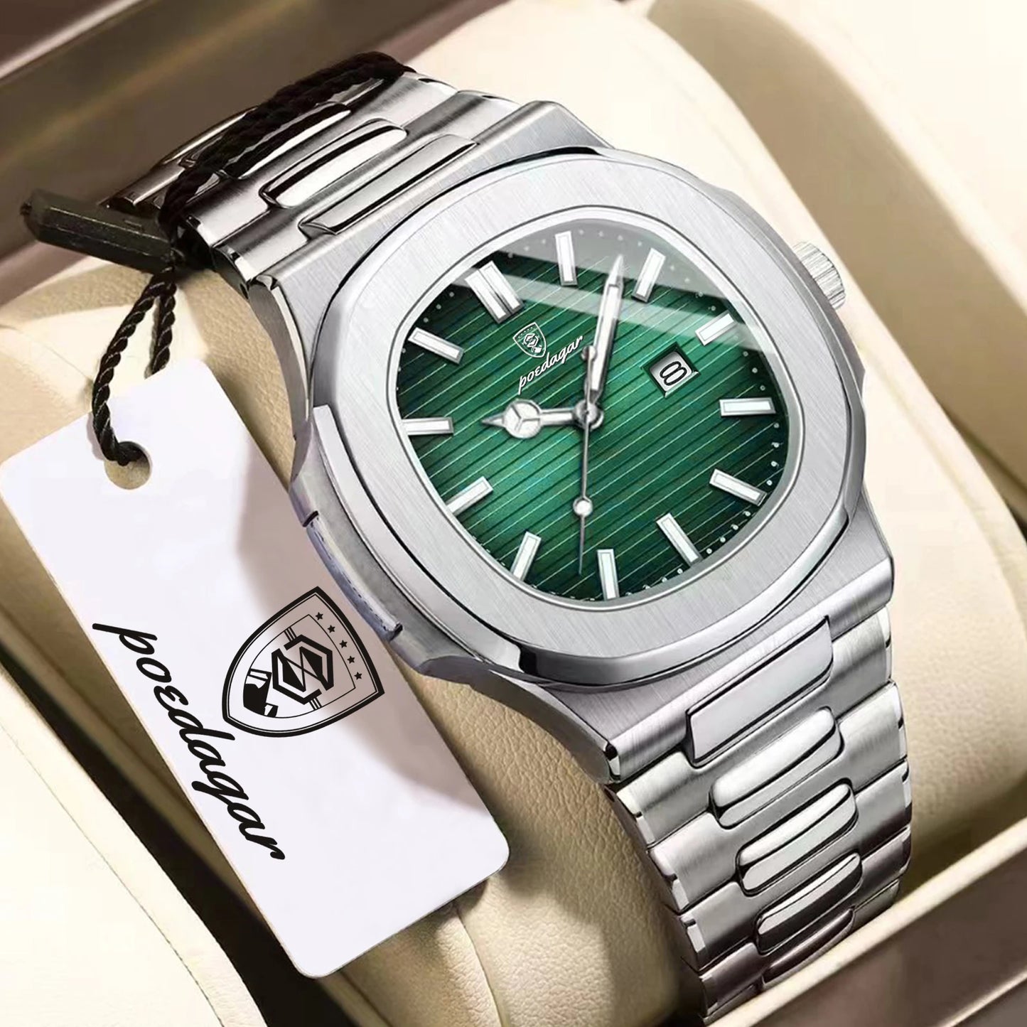 POEDAGAR Fashion Couple Watch Waterproof Luminous Date Stainless Steel Quartz Love Wristwatch Square Watches for Boyfriend Gift
