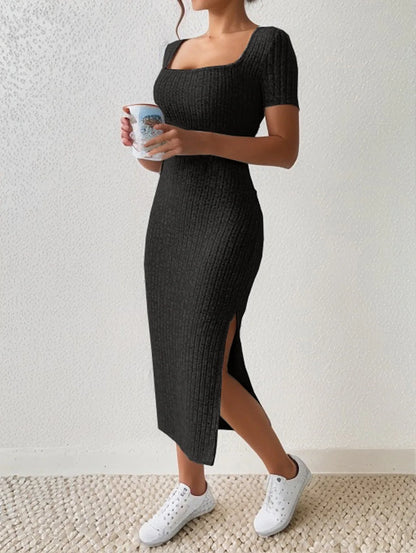 Short-Sleeved, Versatile Knitted Slit Dress