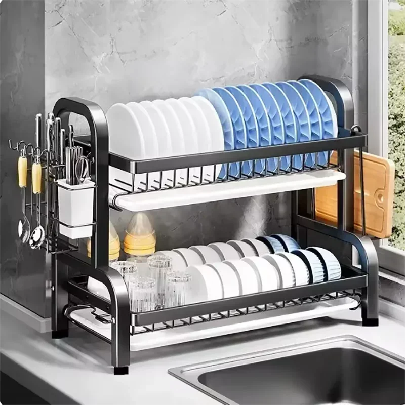 Compact 2-Tier Stainless Steel Dish Drainer, New Rustproof Kitchen Organiser with Utensil Holder
