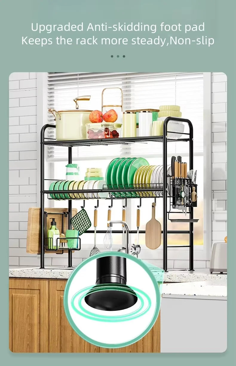 Over The Sink Dish Drying Rack, Metal Dish Drying Racks for Kitchen Counter with Hooks, Utensil Holder, 85cm, Kitchen Essentials