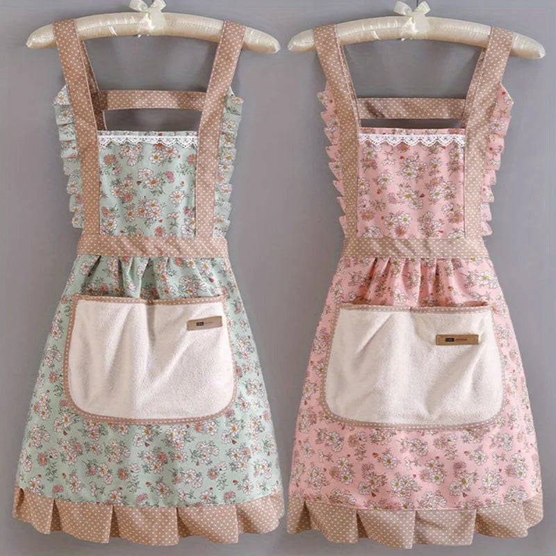 1pc Strap Canvas Floral Apron with Hood, Waterproof Oil-resistant Breathable Workwear Waist Apron