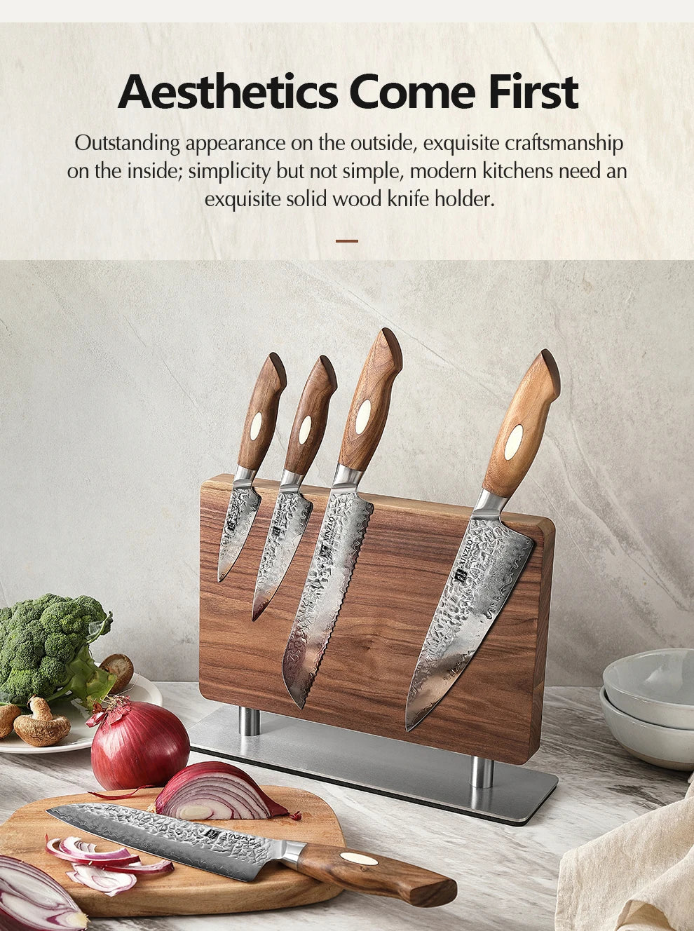 XINZUO Walnut Solid Wood+430 Stainless Steel Wood Knife Stand Kitchen Supplies Magnetic Double-sided Suction Knife Holder Tool