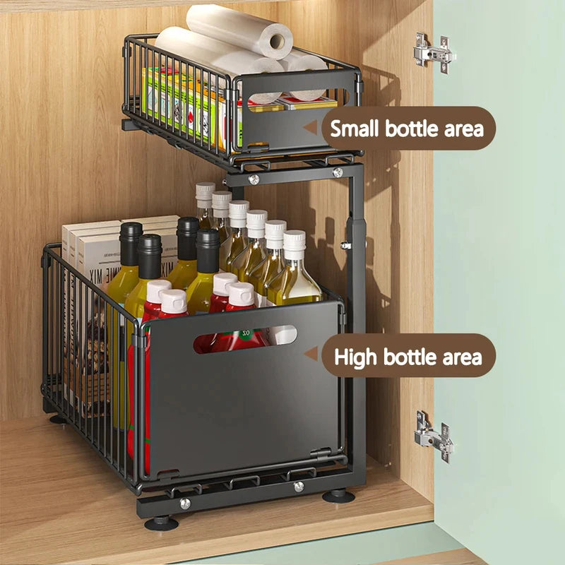 2 Tier Pull Out Cabinet Organiser Adjustable Under Sink Storage Rack Slide Out Drawer Kitchen Spice Jar Storage Shelf