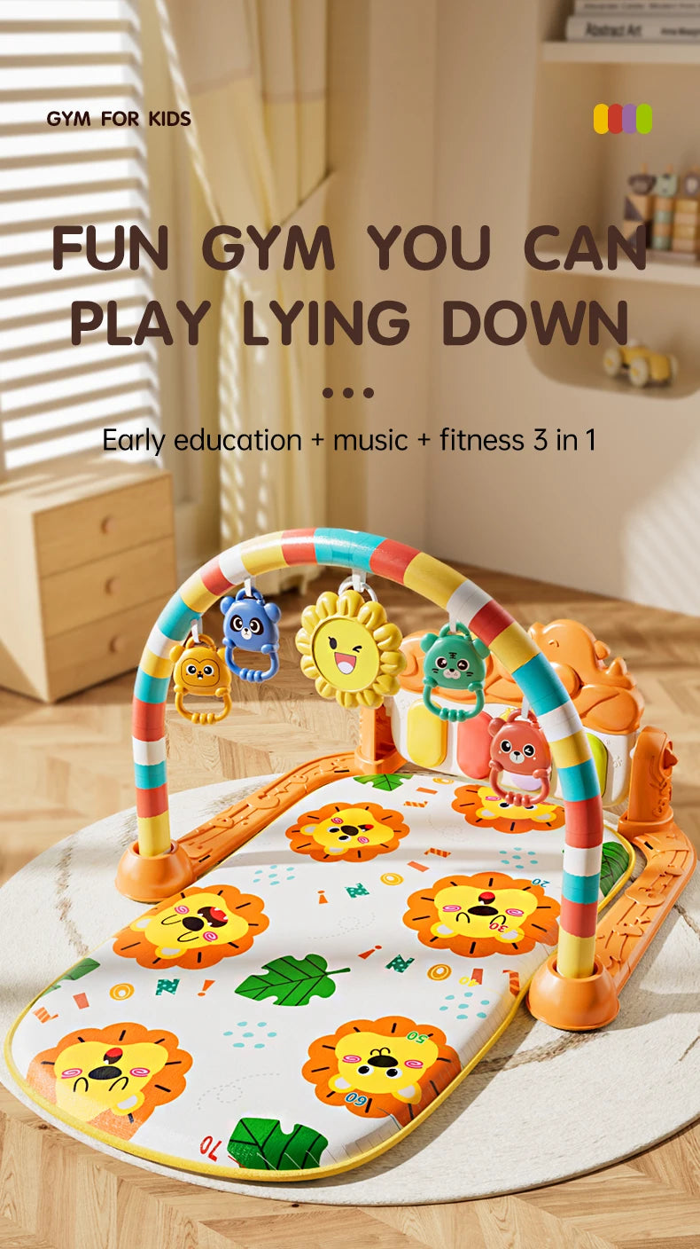 Baby Activity Play Mat with Music & Lights, 5 Detachable Sensory Toys Kick Piano Mat, Tummy Time Game Playmat Easy Assembly Moto