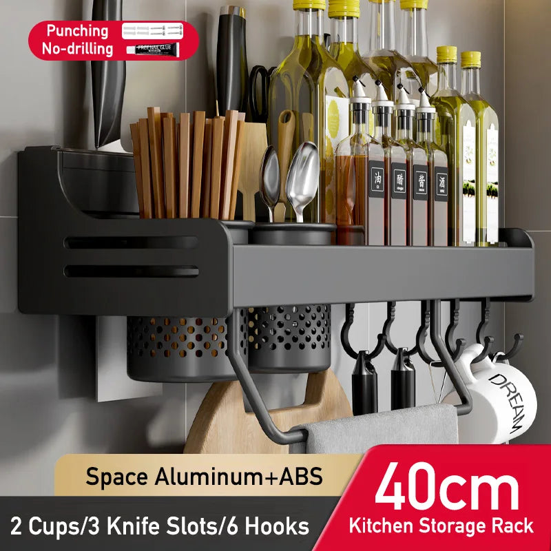 No Drill Kitchen Storage Rack Aluminum Wall Mount Spice Seasoning Spoon Knife Stand Holder Rag Dishcloth Rack Organizer Shelf