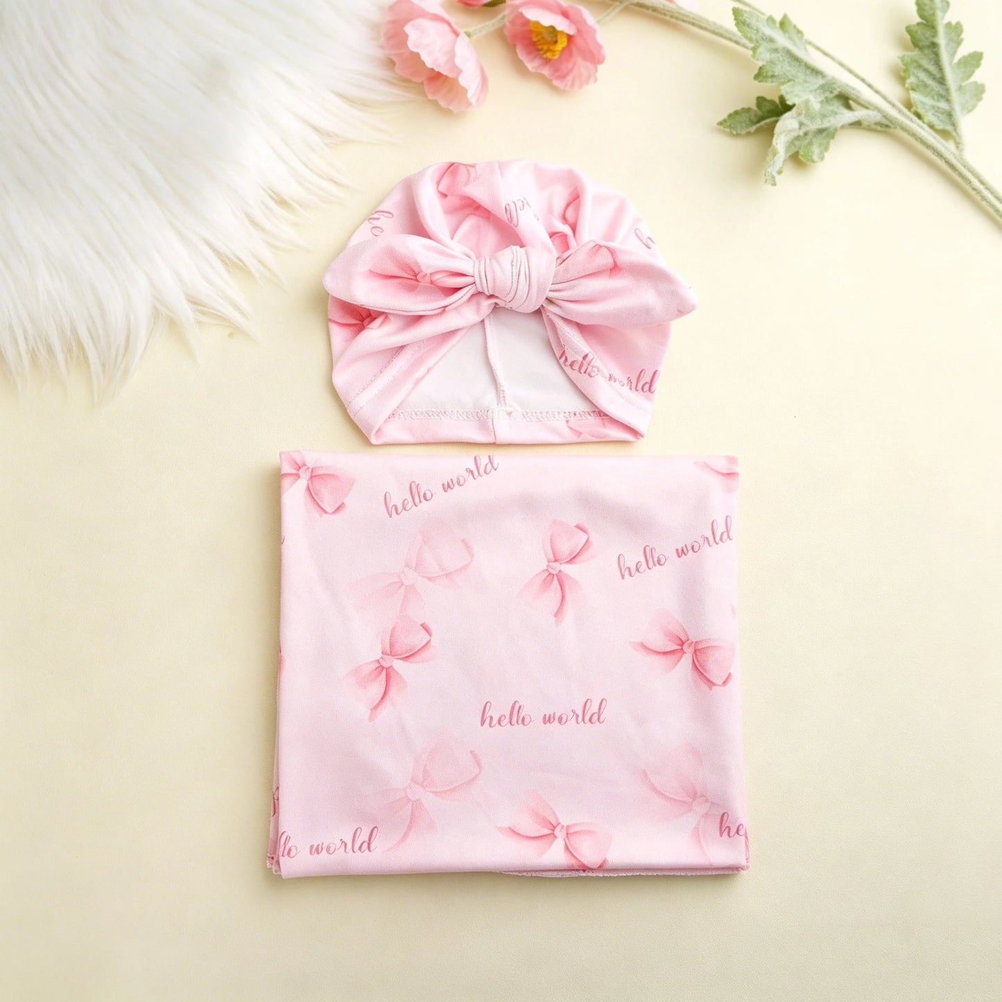 Ylsteed Newborn Photography Receive Blanket Newborn Bow Print Swaddle Blanket with Hat Bedding Infant Bath Towel Baby Items-HD