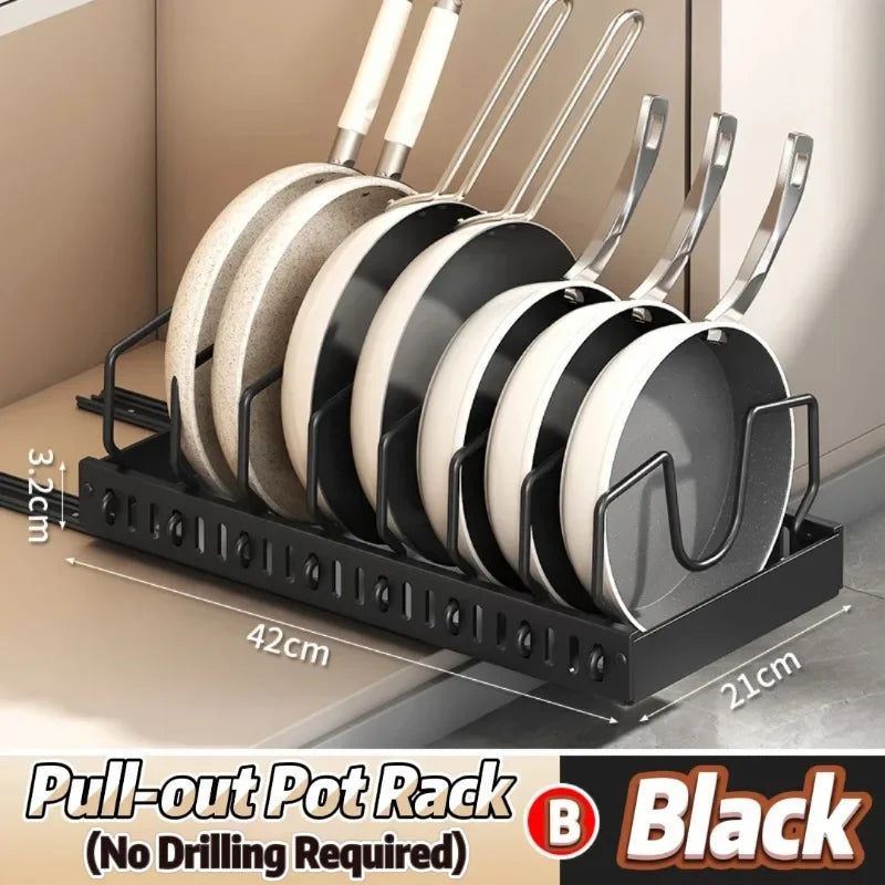 1Pc Adjustable Pull Out Pot Pan Rack Kitchen Cabinet Organiser, Expandable Kitchen Storage Holder for Pots Pans Lids Dishes