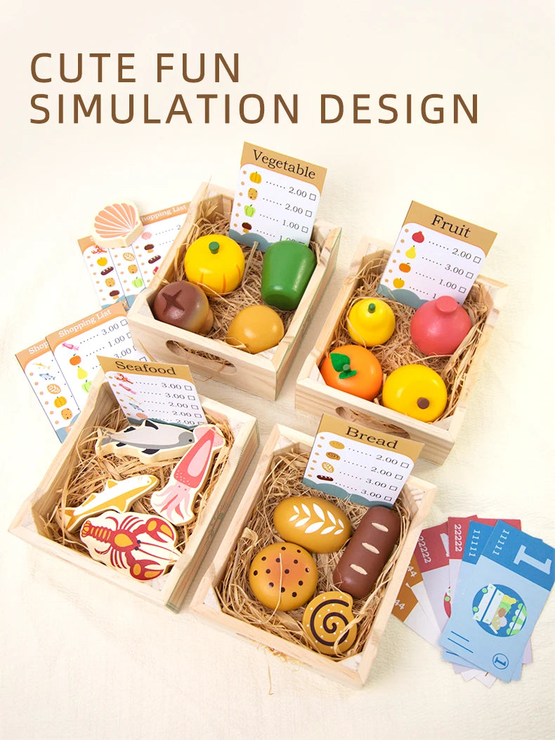 Wooden Pretend Play Kitchen Toys Cutting Food Accessories Set Fruit Vegetable Bakery Meat fish Early Educational Cognition Toys