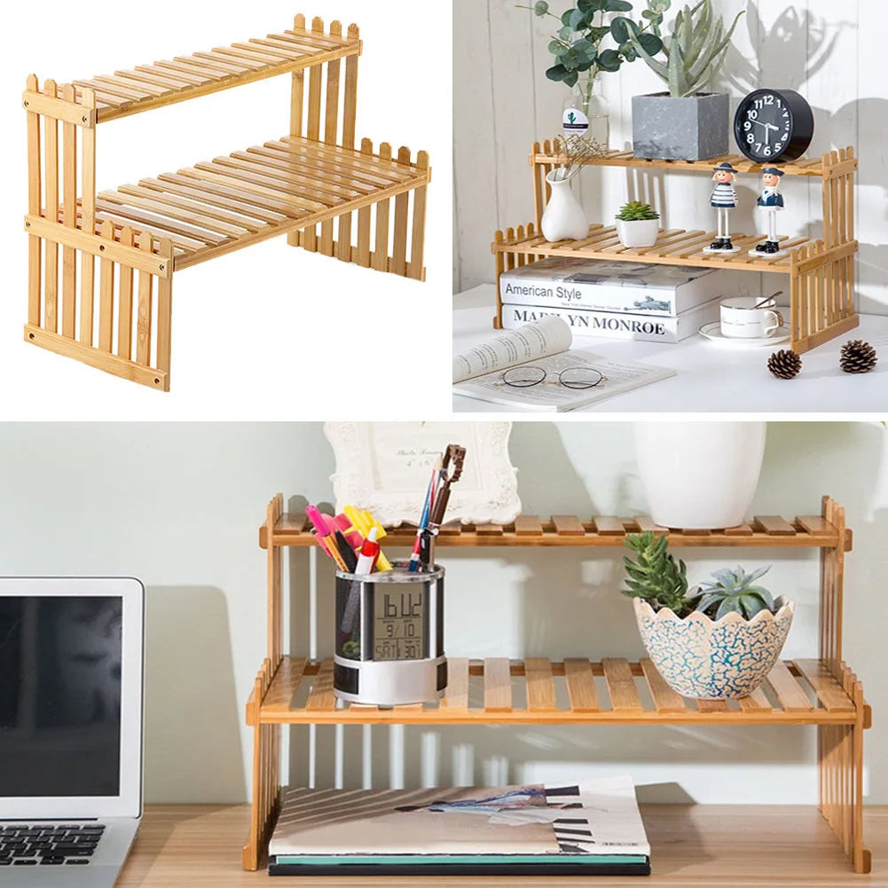 2 Tier Decorative Tabletop Wood Plant Stand Display Shelf For Home Office Tidy Storage Organiser