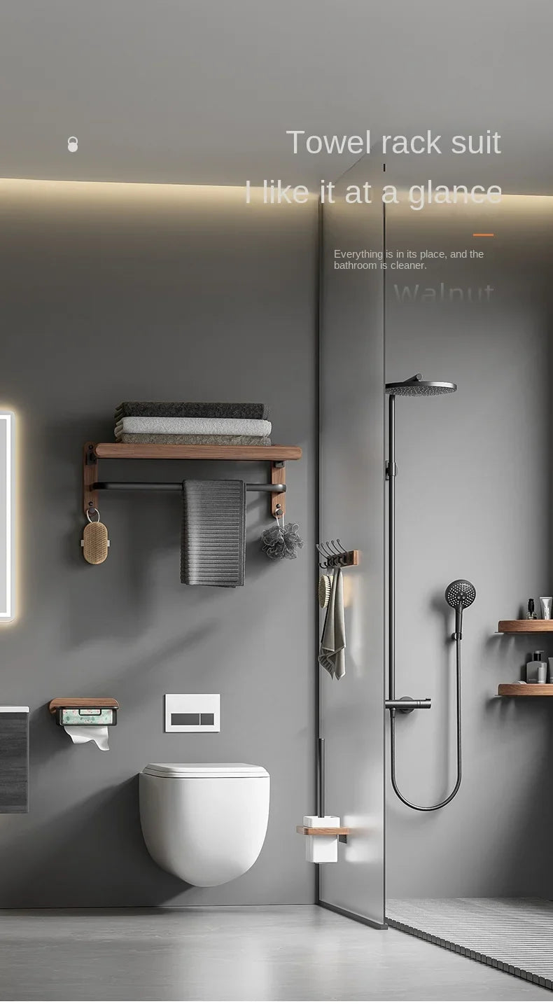 Modern Wooden Bathroom Wall Storage Rack – Shelves, Towel Bar & Hooks Set