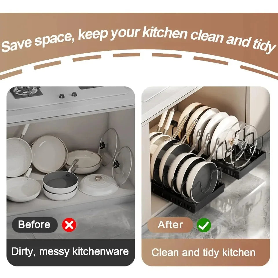Trays Dishes Partition Shelf Pull Adjustable Slide Kitchen Pot Pan Drawer Cabinet Cookware Storage Utensil Organiser
