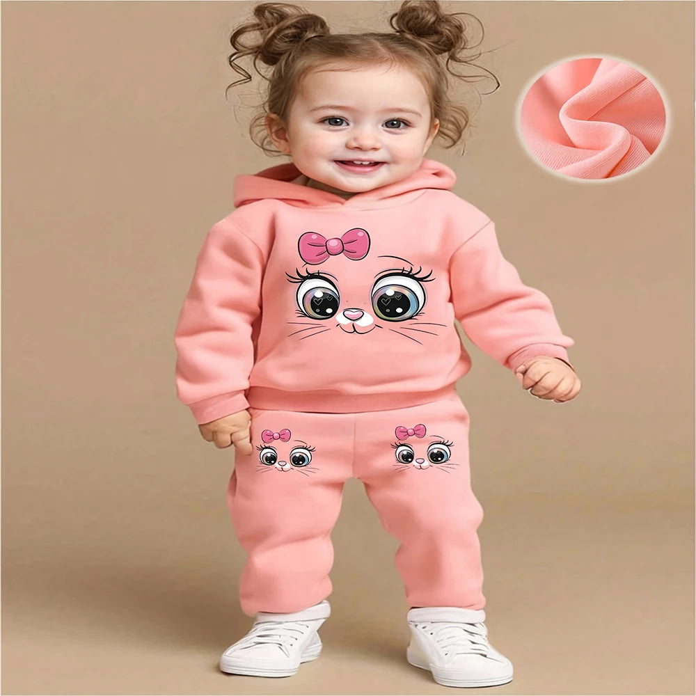 Baby girl cute cartoon cat pattern long sleeved fleece hooded sweat shirt+casual simple pants set, spring and autumn two-piece set