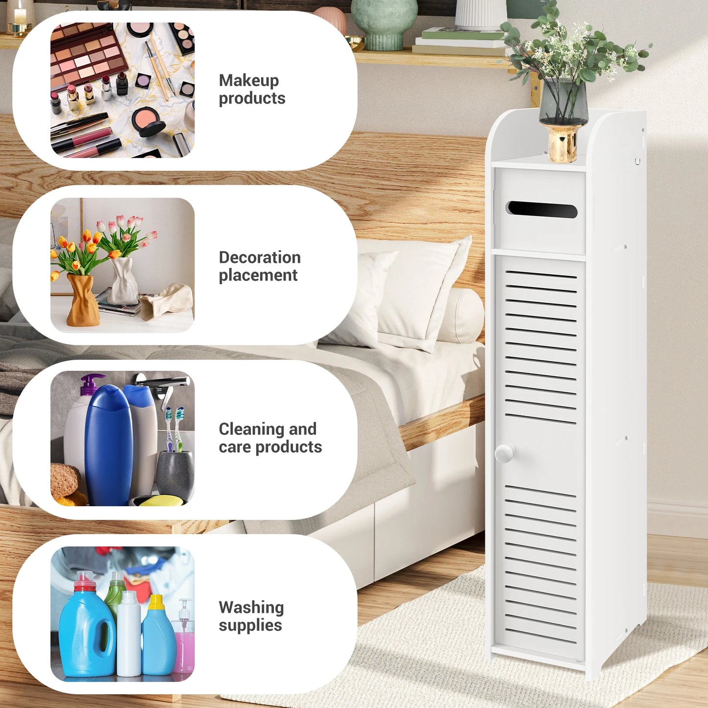 3-Tier Tall Narrow Bathroom Storage Cabinet with Doors, Waterproof Anti-Mold Standing Floor Organizer for Side Space Saving