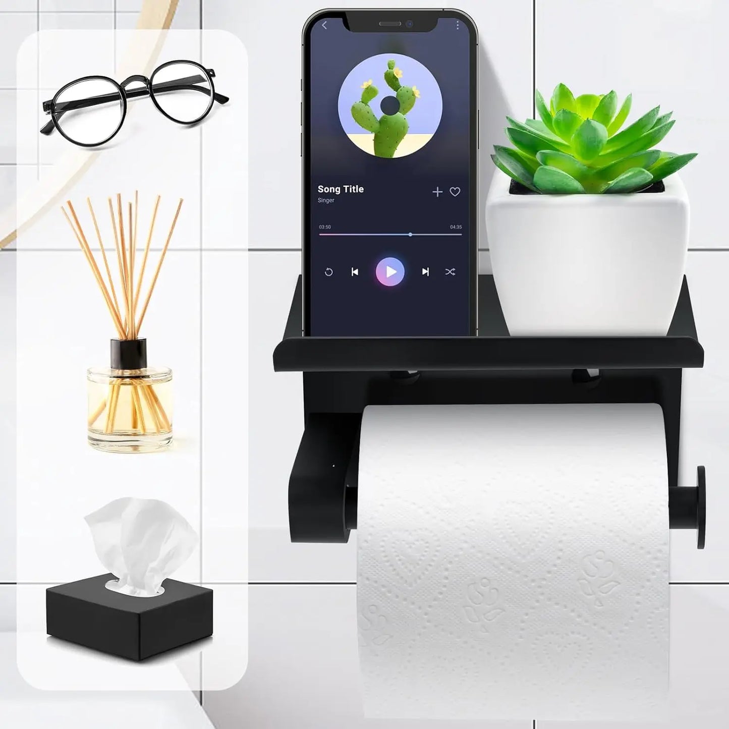 Self Adhesive Toilet Paper Holder with Phone Shelf Stainless Steel Wall Mount Toilet Paper Roll Holder for Bathroom Accessories