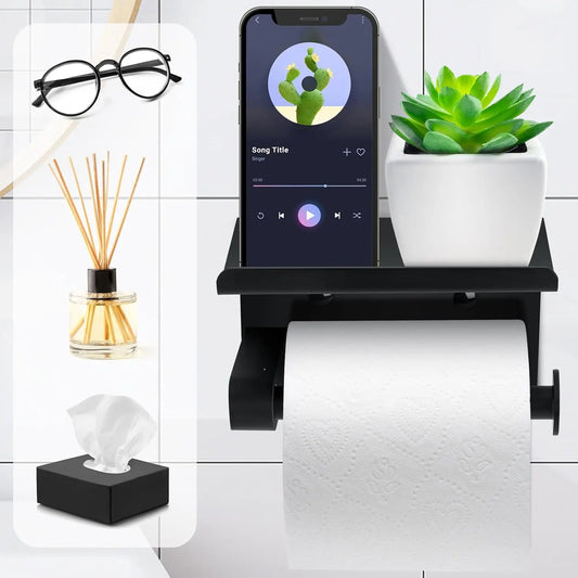 Self Adhesive Toilet Paper Holder with Phone Shelf Stainless Steel Wall Mount Toilet Paper Roll Holder for Bathroom Accessories