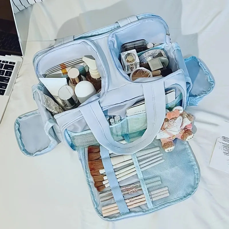 Standing Travel Makeup Bag, Large Capacity Multi Zone with Handle, Multi Compartment Women's Portable Toiletries Bag
