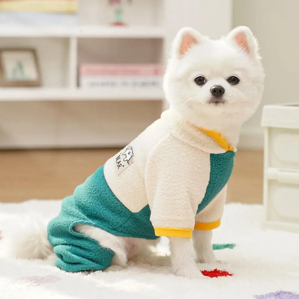 Warm Dog Jumpsuit – Polar Fleece Four-Legged Pants with Stand Collar, Cartoon Bear Pattern, D-Ring Puppy Harness Coat