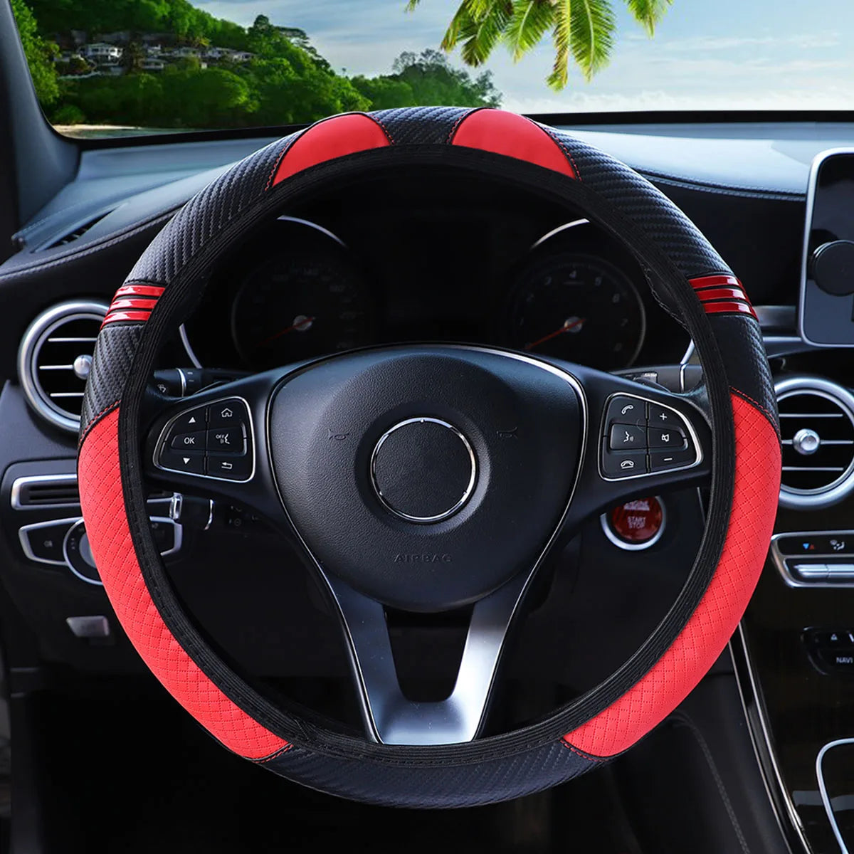 1 little monster PU embossed leather automotive supplies without inner ring steering wheel cover fits 14.5-15 inches