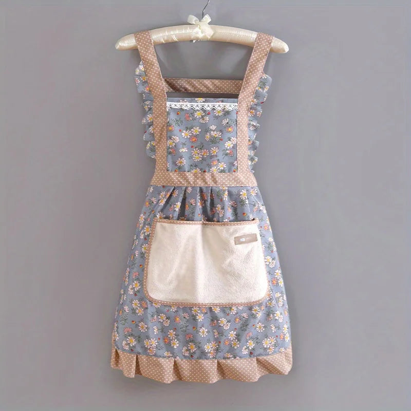 1pc Strap Canvas Floral Apron with Hood, Waterproof Oil-resistant Breathable Workwear Waist Apron