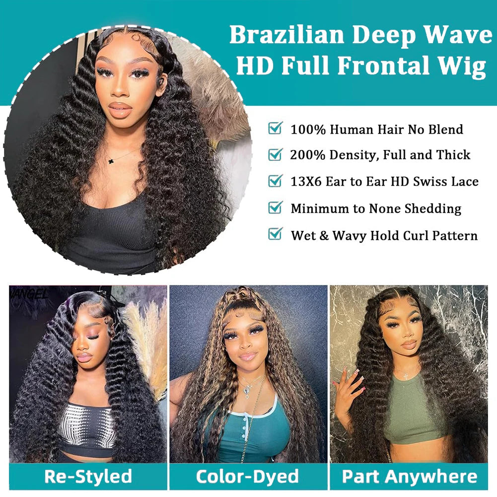 46 Inch Deep Wave Lace Front Wigs Human Hair 13x6 HD Lace Frontal Wigs Pre Plucked Brazilian Curly Human Hair Wig 200 Density