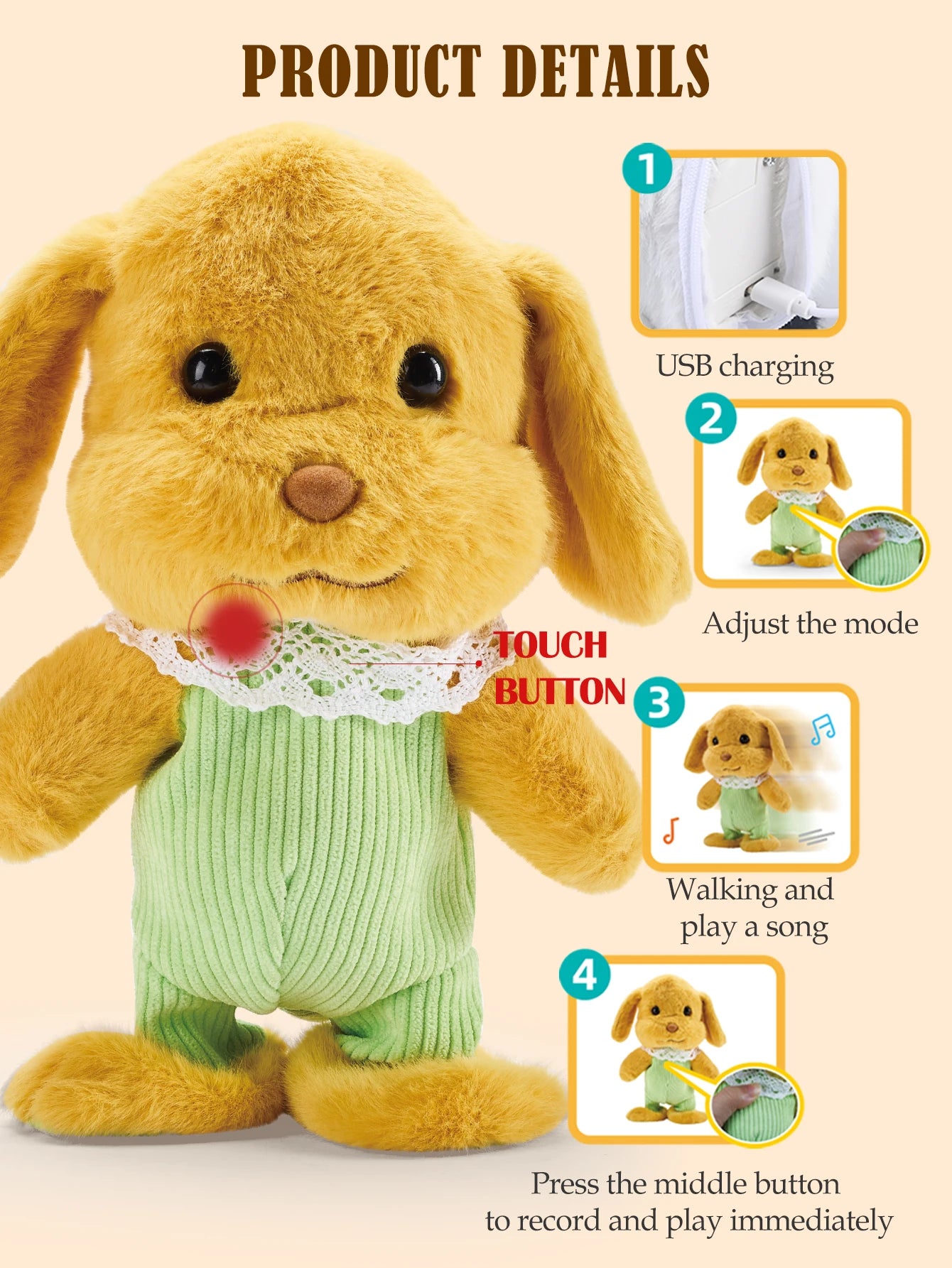 Electric Plush Toys, Talking Repeat Dancing Walking Duck Panda Rabbit Dog Sheep, Early Education Toy Gifts for Kids