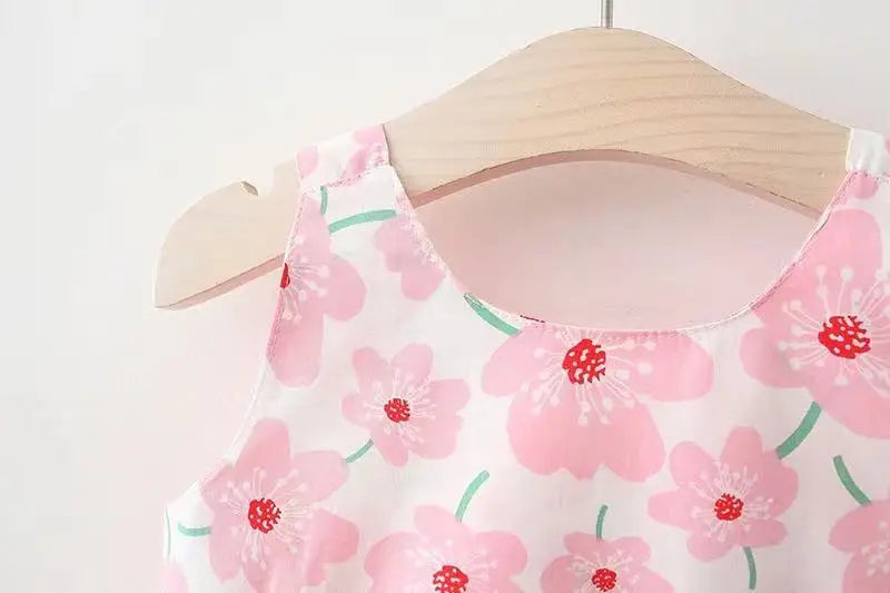 0-3-year-old baby clothes summer seaside vacation children's dress floral sleeveless bow girl princess dress+hat
