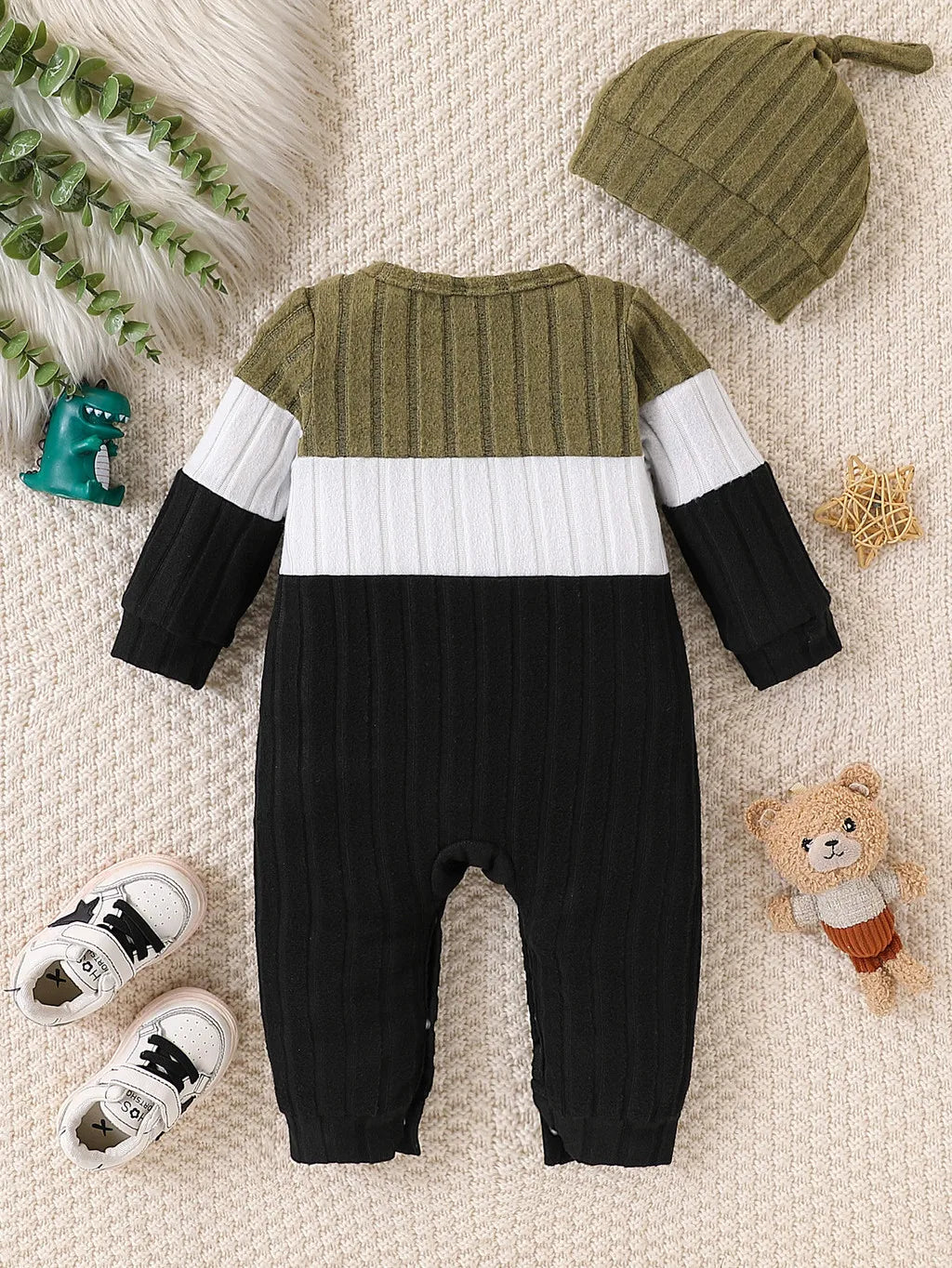 3 Colours Autumn Bodysuits Newborn Baby Boy Long Sleeve Colour Block Romper+Hat Simple Onesie Jumpsuit for Toddlers 1-18 Months