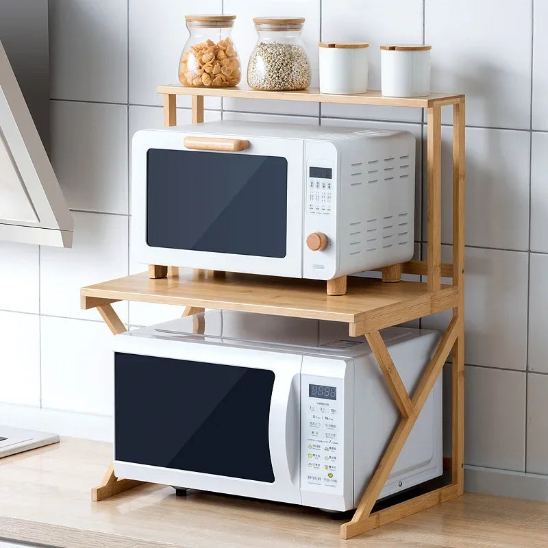 Kitchen Shelf Countertop Double Microwave Oven Shelf Desktop Seasoning Oven Storage Rack Bamboo Solid Wood