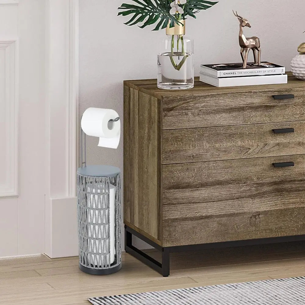 Freestanding Toilet Paper Holder with Storage,3 Rolls of Tissue Holder for Bathroom,Handmade WovenToilet Roll Holder Stand