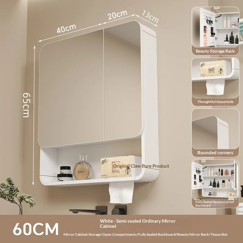 Bathroom Mirror Led Light Wall Mounted Carbon Fiber Curved Rounded Corner Smart Storage Mirror Cabinet Home Furniture Homehold